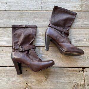 Frye Marissa Slouch Heeled Boots w Buckle Detail in Dark Brown Sz 11